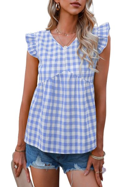 gingham print butterfly sleeve blouse 89vl#, White
gingham print butterfly sleeve blouse 89vl#, White