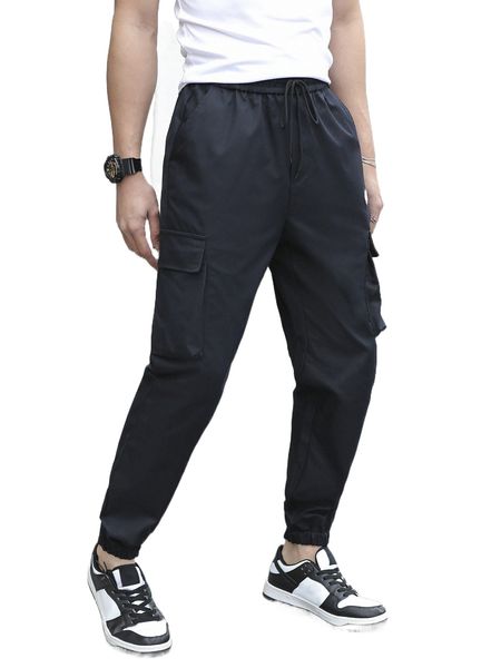 men letter patched flap pocket drawstring waist cargo pants u5et#, Black 
men letter patched flap pocket drawstring waist cargo pants u5et#, Black
