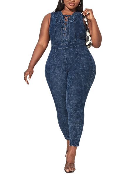 plus lace up zipper back denim overalls u6fp#, Black;white