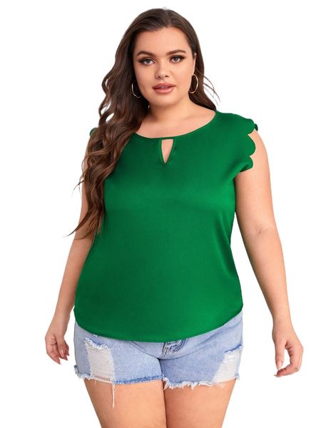 plus keyhole neck scallop trim blouse o38m#, Black