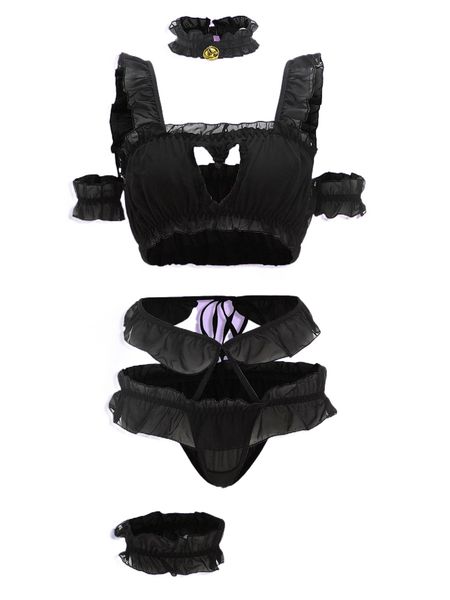 romwe cyber luvr cut out ruffle trim lingerie set & choker 54ay#, Black;red