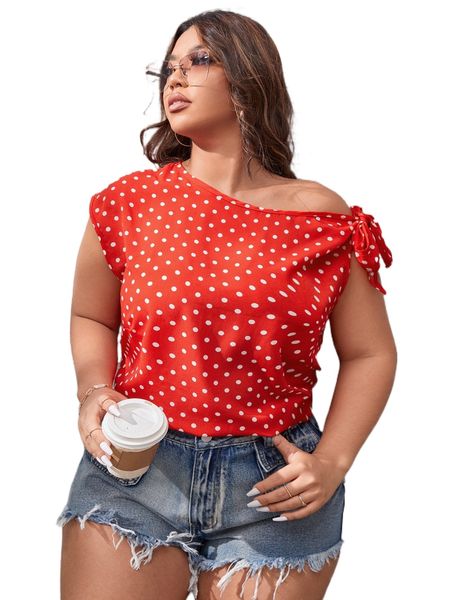 plus polka dot knot side asymmetrical neck blouse a2mx#, Black 
plus polka dot knot side asymmetrical neck blouse a2mx#, Black