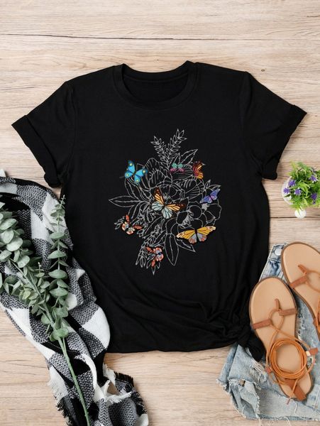 plus floral print tee v9z6#, Black 
plus floral print tee v9z6#, Black