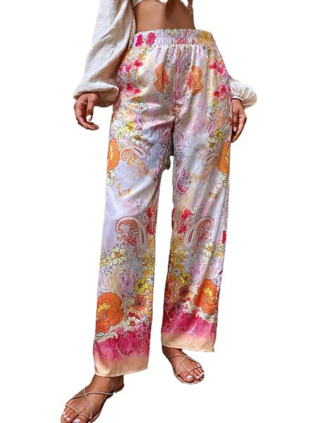 floral & paisley wide leg pants s8c7#, Black;white