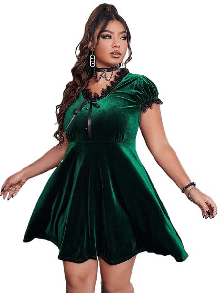 plus contrast lace bow front tie back puff sleeve velvet dress y9wc#, Black