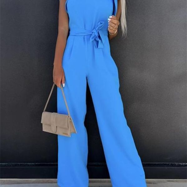 summer fashion waist laceup party wide leg pant women elegant solid ruffle sleeve jumpsuit casual office o neck romper overalls 220713, Black;white 
summer fashion waist laceup party wide leg pant women elegant solid ruffle sleeve jumpsuit casual office o neck romper overalls 220713, Black;white