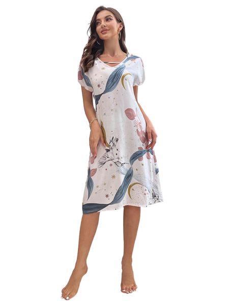 bird & floral print cut out dolman sleeve nightdress g49g#, Black;red 
bird & floral print cut out dolman sleeve nightdress g49g#, Black;red
