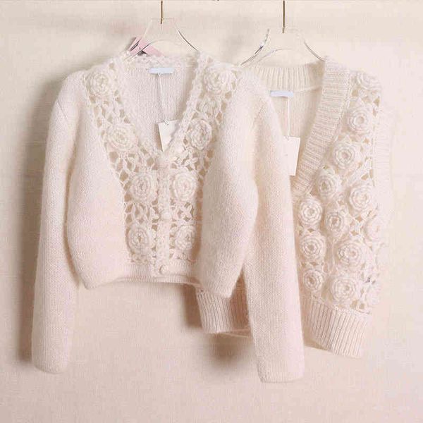 women's knits tees autumn and winter hollow out three-dimensional flower mohair knitted hook solid color sweet cardigan women, White
women's knits tees autumn and winter hollow out three-dimensional flower mohair knitted hook solid color sweet cardigan women, White