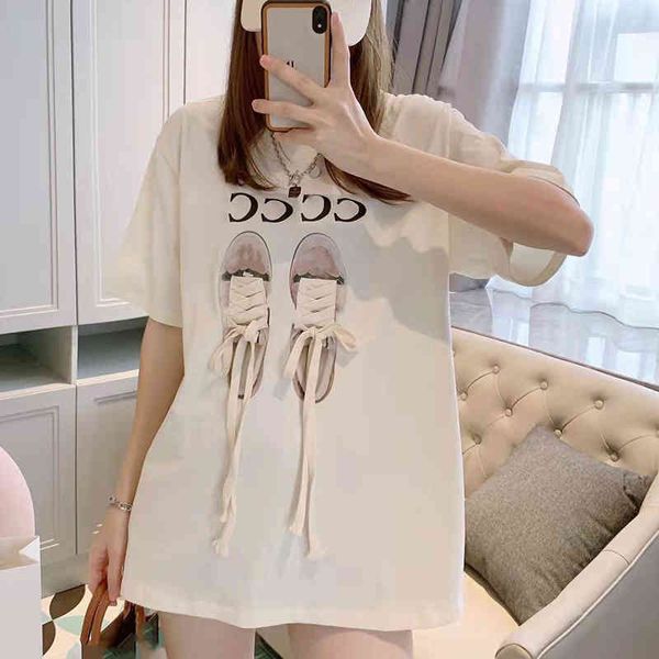 women's t-shirt summer shoelace printed short sleeve t-shirt for men and women, White
women's t-shirt summer shoelace printed short sleeve t-shirt for men and women, White