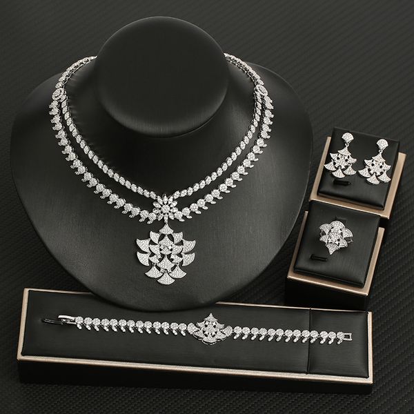 new bridal chain fan double layer necklace earring ring bracelet zircon set, Silver
new bridal chain fan double layer necklace earring ring bracelet zircon set, Silver
