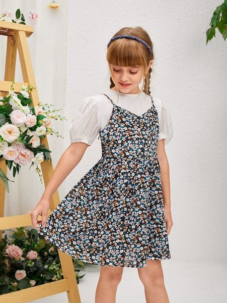 girls puff sleeve & ditsy floral dress set she, White
girls puff sleeve & ditsy floral dress set she, White