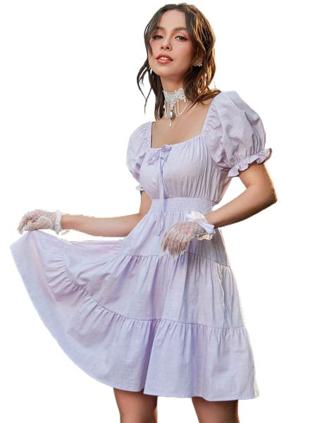 tie front shirred waist ruffle hem dress b7xk#, Black;gray
tie front shirred waist ruffle hem dress b7xk#, Black;gray