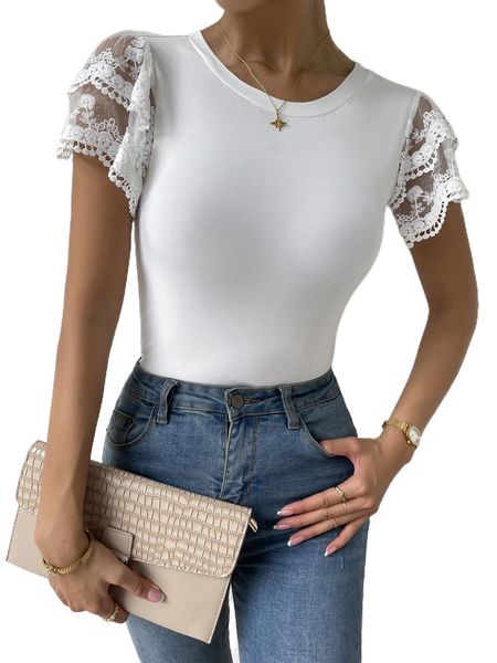 contrast embroidery mesh butterfly sleeve tee z1kr#, White 
contrast embroidery mesh butterfly sleeve tee z1kr#, White