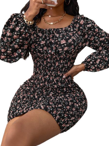 allover floral shirred bodycon dress t8vn#, Black;gray