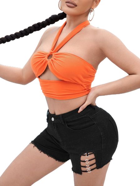 sxy o-ring cutout detail denim shorts p0xf#, White;black 
sxy o-ring cutout detail denim shorts p0xf#, White;black