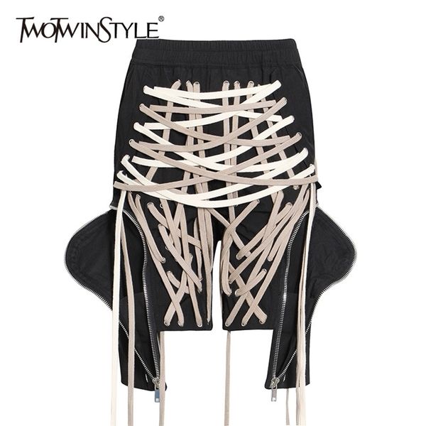 twotwinstyle patchwork drawstring bandage pants for women high waist zipper casual cargo trousers female summer fashion 201228, Black;white
twotwinstyle patchwork drawstring bandage pants for women high waist zipper casual cargo trousers female summer fashion 201228, Black;white