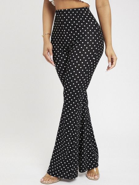 petite high waist polka dot flare leg pants y8u2#, Black;white