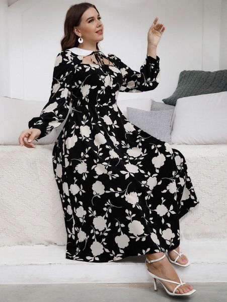 plus floral print bishop sleeve cut out knot peter-pan collar dress k3tr#, Black
plus floral print bishop sleeve cut out knot peter-pan collar dress k3tr#, Black