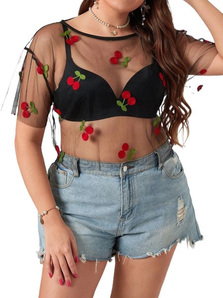 plus cherry embroidery mesh drop shoulder without bra j5ty#, Black
plus cherry embroidery mesh drop shoulder without bra j5ty#, Black