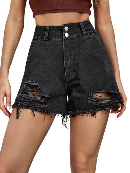 high waist ripped raw hem denim shorts 7544#, White;black 
high waist ripped raw hem denim shorts 7544#, White;black
