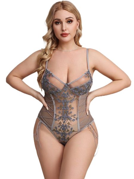 plus floral embroidery mesh lace-up teddy bodysuit f07g#, Black;white
plus floral embroidery mesh lace-up teddy bodysuit f07g#, Black;white
