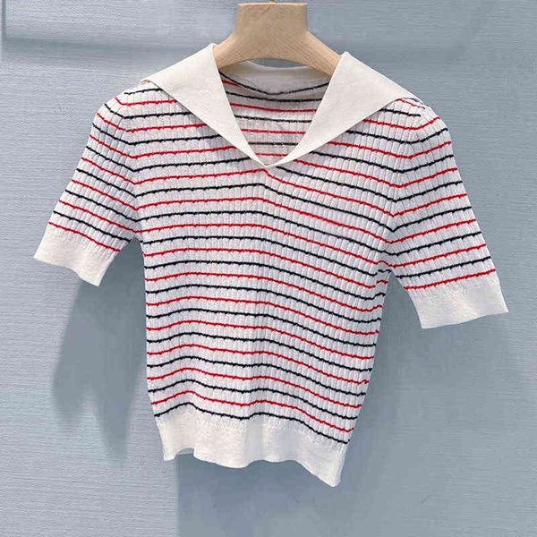new style knitwear navy collar stripe short versatile thin ice silk sleeved clothes summer, Black
new style knitwear navy collar stripe short versatile thin ice silk sleeved clothes summer, Black