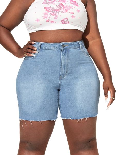 plus raw hem solid denim shorts q2rl#, White;black