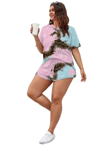 plus tie dye hooded tee & shorts j3yr#, Black
