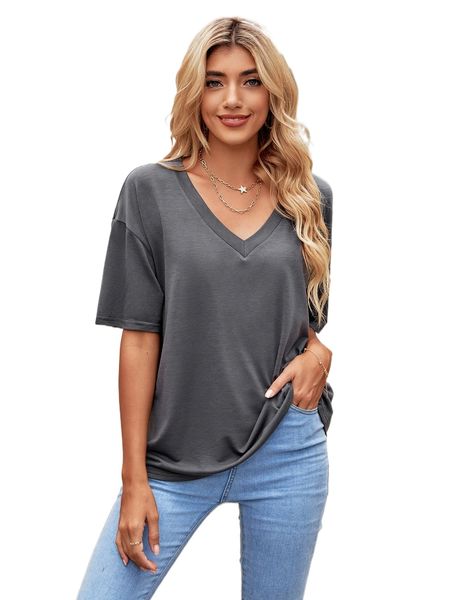 drop shoulder solid v-neck tee b292#, White