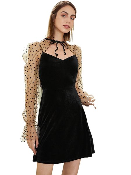colorblock heart print tie neck flounce sleeve velvet dress y7su#, Black;gray
colorblock heart print tie neck flounce sleeve velvet dress y7su#, Black;gray