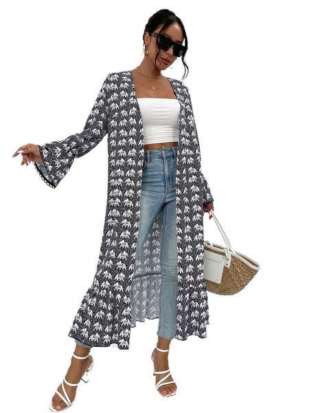 allover elephant print flounce sleeve ruffle hem open front coat j82y#, Black
allover elephant print flounce sleeve ruffle hem open front coat j82y#, Black