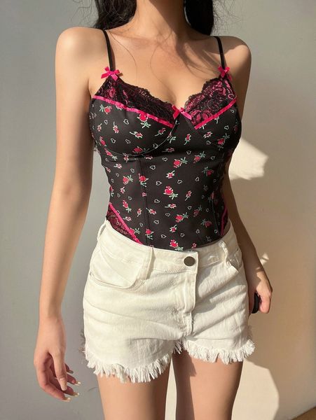 floral and heart print lace up back cami p6mm#, White 
floral and heart print lace up back cami p6mm#, White