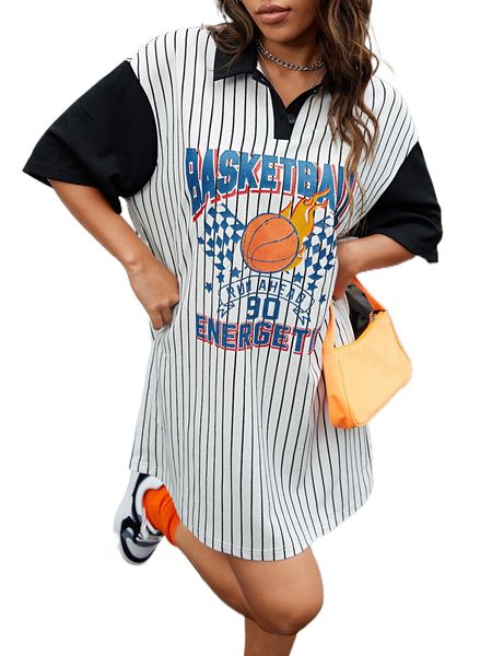 striped & letter graphic polo neck drop shoulder dress w5nb#, Black;gray