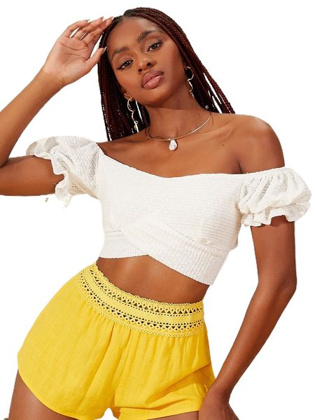 newness off shoulder puff sleeve tie back lace blouse l2m8#, White 
newness off shoulder puff sleeve tie back lace blouse l2m8#, White