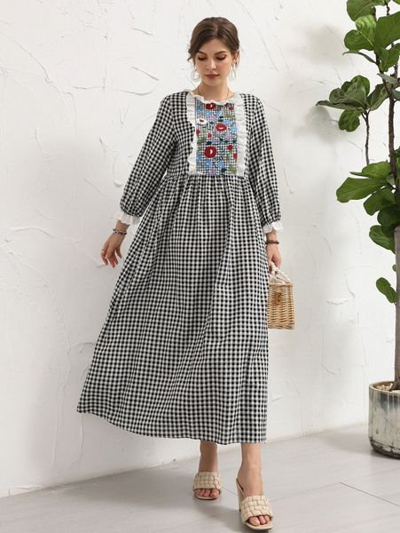 gingham & floral print eyelet embroidery trim flounce sleeve dress s9ls#, Black;gray
gingham & floral print eyelet embroidery trim flounce sleeve dress s9ls#, Black;gray