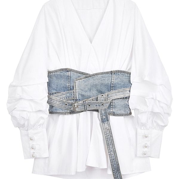 eam women white denim split temperament blouse lapel long lantern sleeve loose fit shirt fashion spring autumn 1z942 220810 
eam women white denim split temperament blouse lapel long lantern sleeve loose fit shirt fashion spring autumn 1z942 220810