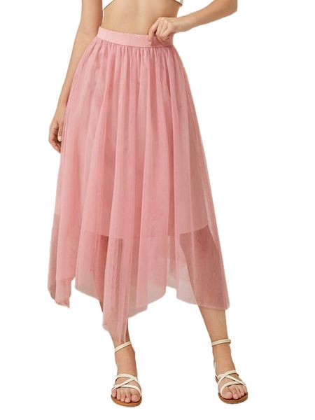 scallop trim asymmetrical hem mesh skirt g1lr#, Black