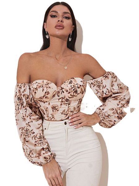 off shoulder floral print lantern sleeve crop 395o#, White
off shoulder floral print lantern sleeve crop 395o#, White