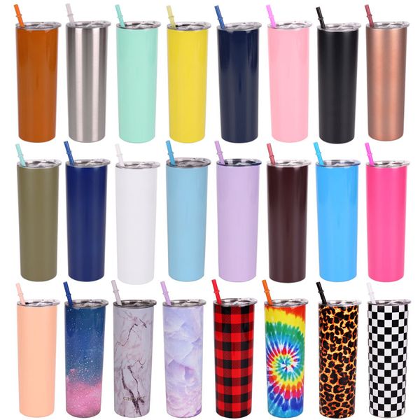 Image of 20oz Skinny Cups Tumbler Stainless Steel Coffee Mugs with Lids Colorful Straws Insulated Vacuum Tumblers Slim Straight Cup Beer Water Bottle LXL559-1