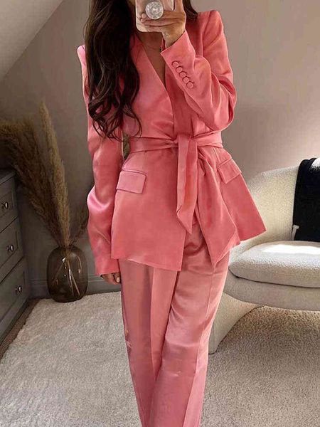 women suit piece set 2022 new ladies pink silk satin texture single button blazer with belt fashion straight pants l220714, White
women suit piece set 2022 new ladies pink silk satin texture single button blazer with belt fashion straight pants l220714, White