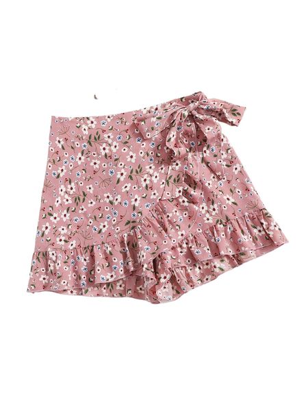 knot side ruffle trim ditsy floral shorts j11g#, White;black
