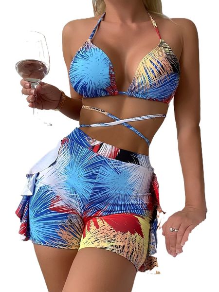 all over print lace up halter triangle shorts bikini swimsuit k6ut#, White;black