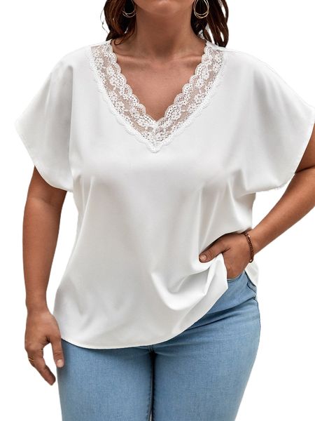 plus contrast lace batwing sleeve blouse b7hi#, Black 
plus contrast lace batwing sleeve blouse b7hi#, Black
