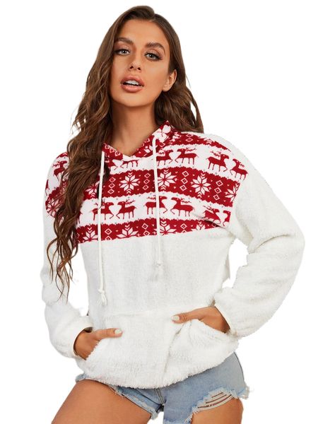 christmas pattern drop shoulder teddy drawstring hoodie l1uz#, Black