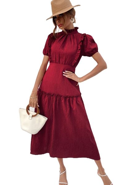 f.rill trim p.uff s.leeve keyhole back d.ress y0xe#, Black;gray
f.rill trim p.uff s.leeve keyhole back d.ress y0xe#, Black;gray