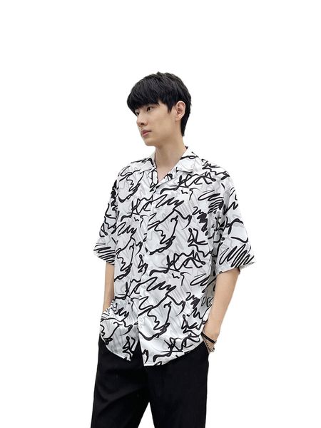 men allover print lapel neck shirt b8gj#, White;black 
men allover print lapel neck shirt b8gj#, White;black