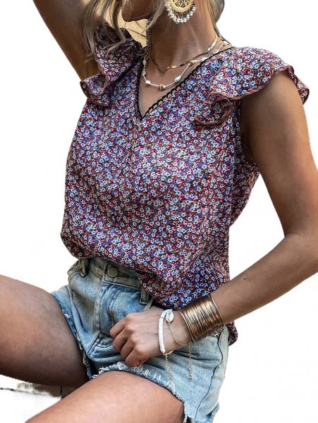 ditsy floral ruffle trim blouse y7ns#, White 
ditsy floral ruffle trim blouse y7ns#, White