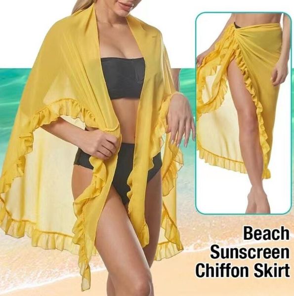 women chiffon see-through beach bikini cover up sunscreen wrap scarf shawl sheer swimwear sarong dress solid ruffle casual dress, White;black
women chiffon see-through beach bikini cover up sunscreen wrap scarf shawl sheer swimwear sarong dress solid ruffle casual dress, White;black
