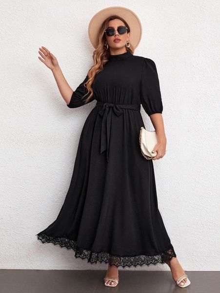 plus mock neck eyelash lace panel belted dress 41tt#, Black