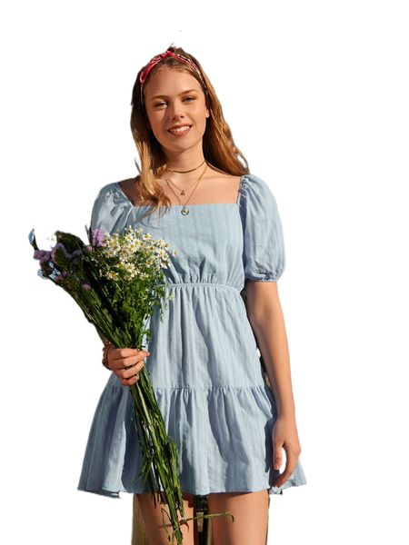 puff sleeve square neck tie back ruffle hem dress r0yp#, Black;gray
puff sleeve square neck tie back ruffle hem dress r0yp#, Black;gray